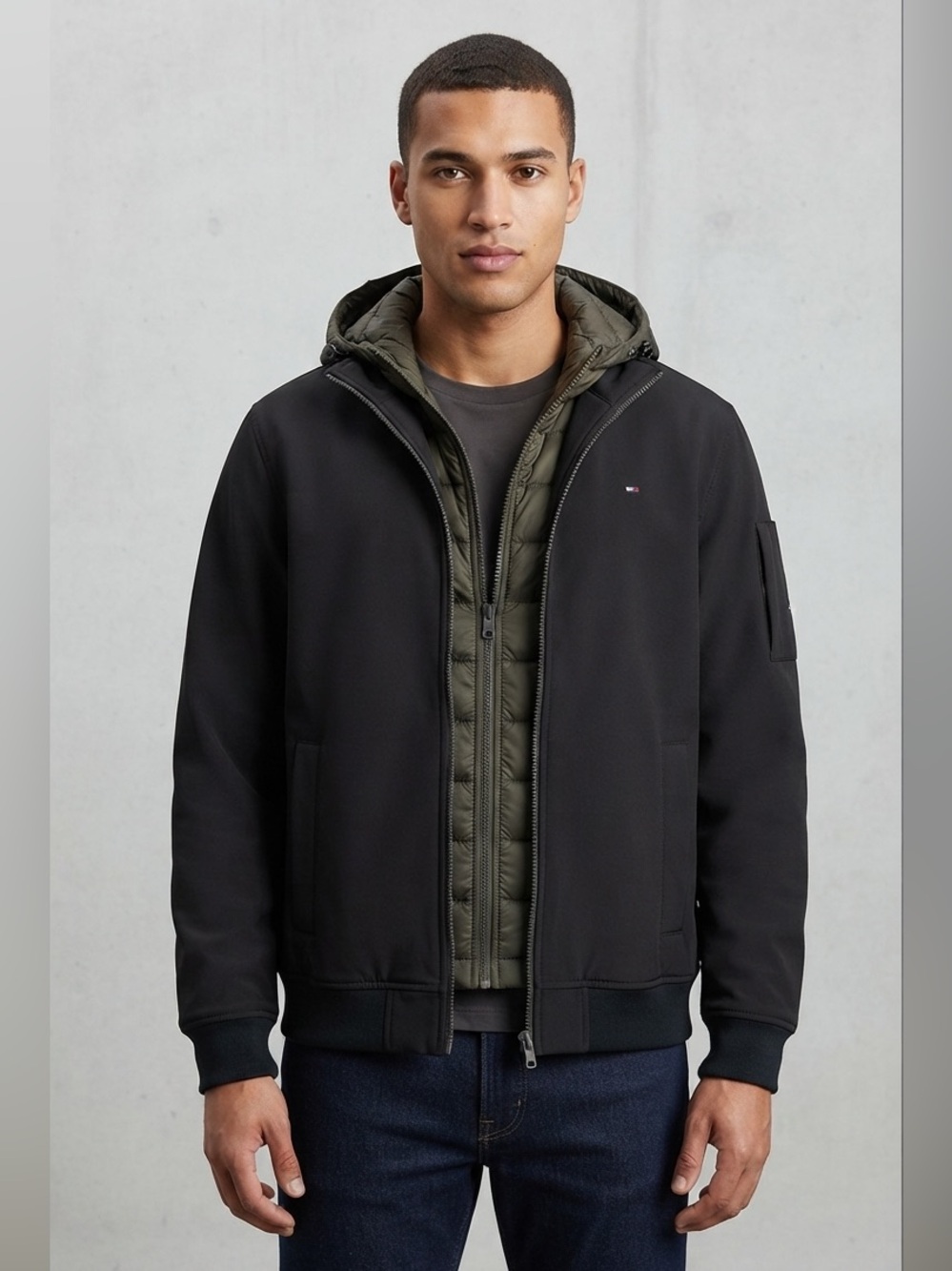 Tommy Hilfiger Men’s LT Layered Look Hooded Jacket Black Olive Soft Shell